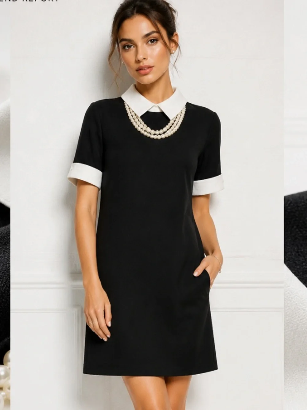 KARL LAGERFIELD Paris Dress Shift Peter Pan Collar Pearls Black White Designer - Picture 1 of 11